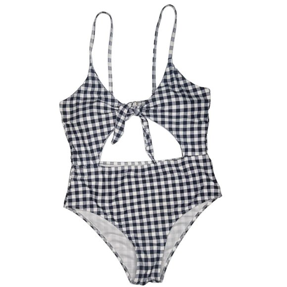 Shein Flannel Pattern One Piece Bathing Suit Keyhole Style Black White Size L - Picture 3 of 7
